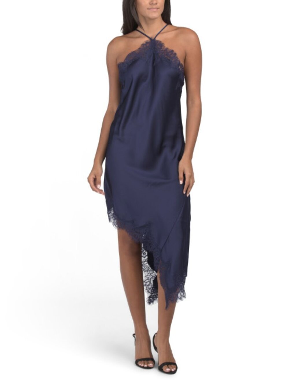 CAMILA COELHO Sleeveless Asymmetrical Satin Dress With Lace Trim - Picture 1 of 4